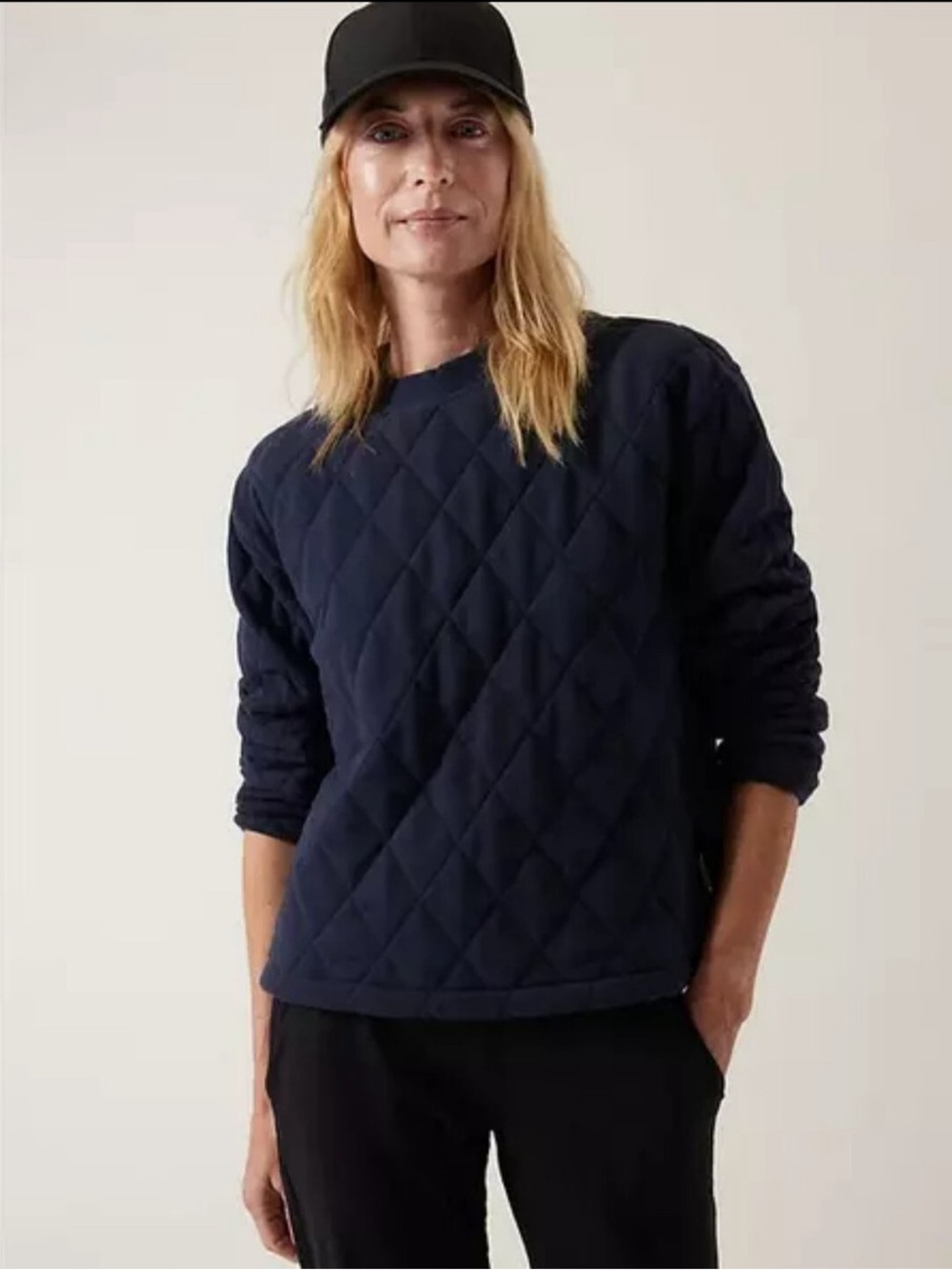 Athleta Retroplush Quilted Crewneck Sweatshirt Navy Blue XS